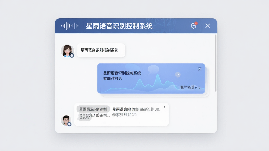 星雨语音识别控制系统的智能对话界面,展示一个聊天窗口,用户输入文字或语音,系统以卡片形式返回结果,界面上方有“星雨语音识别控制系统”标识,背景为浅灰色,整体风格简洁现代,画质干净。