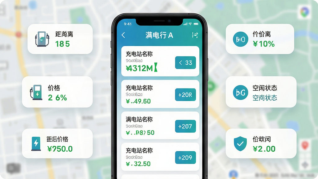 主体:满电行App的充电站推荐列表页面。布局:手机屏幕占据画面中央,周围配以简洁的图标与数据元素。排版:列表清晰展示充电站名称、距离、价格、空闲状态,关键信息用“绿色”标注。风格:清爽的UI设计,蓝绿色调。细节:每个充电站卡片带有导航按钮与详情入口,背景为模糊化的地图。画质:高清晰度,界面元素锐利,无多余元素。