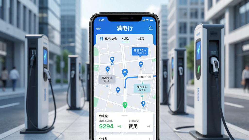 主体:满电行App界面展示,手机屏幕中显示充电站地图与充电状态信息。布局:手机居中,背景为现代城市街道与充电桩实景,画面层次分明。排版:手机界面清晰展示“满电行”品牌标识与充电导航界面,信息直观。风格:科技感与现代简约风结合,色调以蓝白为主。细节:地图上标注充电站位置,显示充电功率与费用,画面干净明亮。画质:高清渲染,色彩真实,无多余元素。