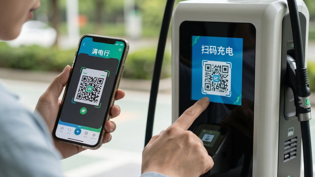 主体:满电行App使用场景,用户正在扫描充电桩二维码。布局:用户在左侧,手机屏幕显示扫码界面,右侧为充电桩。排版:画面聚焦于扫码动作,手机界面清晰显示“满电行”品牌。风格:写实生活风格,光线自然。细节:充电桩屏幕显示“扫码充电”,用户手指轻触屏幕。画质:高清,细节丰富,无多余元素。