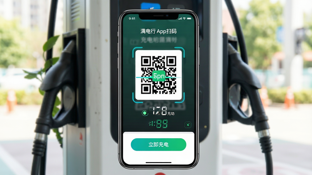 主体:满电行App扫码充电功能演示。布局:手机屏幕显示扫码界面,背景为充电桩实拍。排版:界面中二维码识别框明显,下方显示充电桩编号与“立即充电”按钮。风格:简洁实用风格,强调操作便捷。细节:模拟扫码成功后的充电启动动画,电量数字跳动。画质:明亮清晰,聚焦扫码场景,无多余元素。