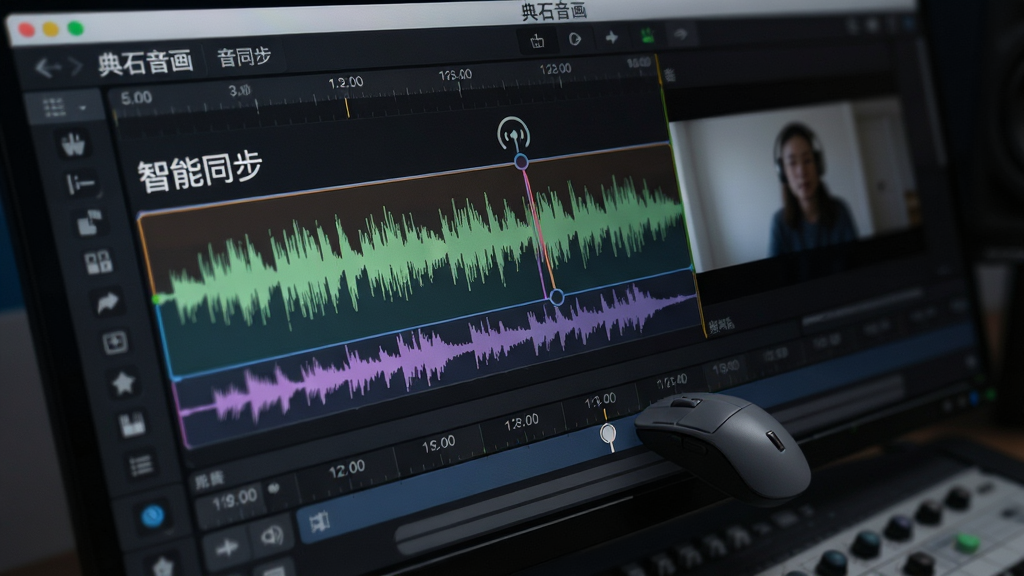 主体:典石音画软件进行音画同步操作的特写,屏幕显示音频波形与视频帧对齐的辅助线,鼠标正在拖动时间轴。布局:重点突出波形与帧的对应关系,周围有轻微动态模糊效果。排版:深色背景衬托彩色波形,文字标注“智能同步”字样。风格:专业音频工作站风格,细节丰富,画质干净。