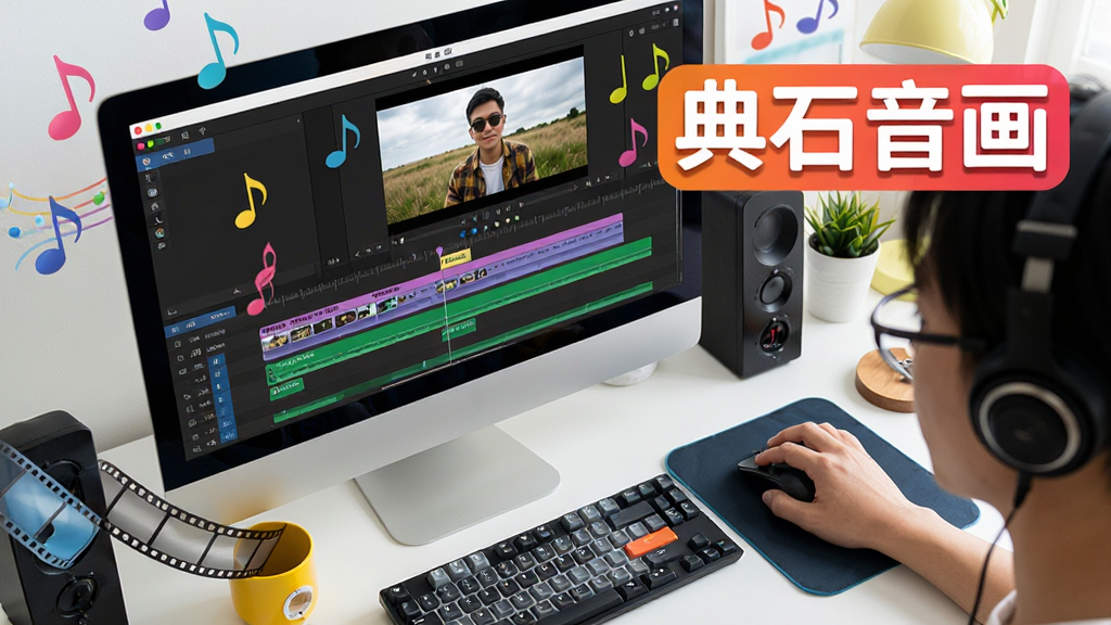 主体:一个人正在使用典石音画软件剪辑视频,手部操作鼠标,屏幕上是多轨时间轴和预览画面,周围有音符和胶片元素。布局:俯视角度,突出电脑屏幕和键盘。排版:明亮环境,色彩鲜艳,文字标注“典石音画”字样。风格:真实场景摄影风格,细节丰富,画质清晰。