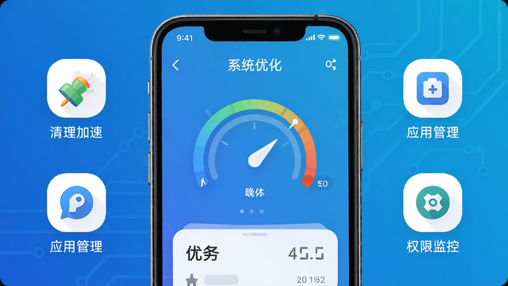 精灵系统主界面展示,手机屏幕中显示系统优化仪表盘,周围有清理加速、应用管理、权限监控等功能图标,背景为渐变色科技蓝,整体布局简洁明快,扁平化设计风格,细节精致,画质高清,干净无多余元素