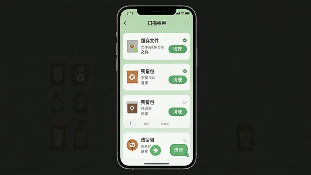 精灵系统智能垃圾清理功能预览,手机屏幕显示扫描结果列表,包含缓存文件、残留包等类别,每个类别有清理按钮,背景为清爽的浅绿色,操作界面直观,扁平化设计,画质清晰,无多余元素