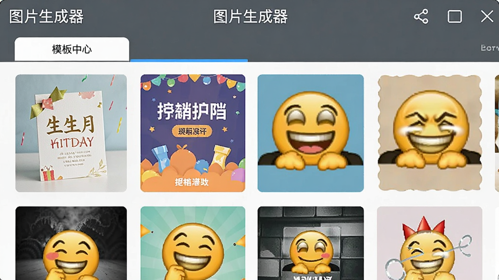 图片生成器模板库界面,屏幕中展示各种风格的精美模板缩略图,包括生日贺卡、促销海报、搞笑表情包等,上方标签栏显示“模板中心”字样,应用名称“图片生成器”置于顶部,界面清晰,画质细腻