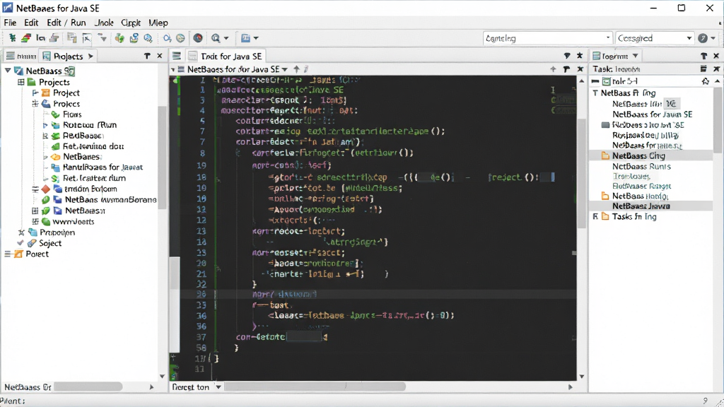 主体:NetBeans for Java SE 软件界面全景图,布局:左侧项目树、中央代码编辑区、右侧任务面板,排版:清晰的三栏式结构,风格:现代扁平化设计,细节:代码高亮显示、菜单栏包含文件/编辑/运行选项,画质:高清、干净、无多余元素,图片中文字标注“NetBeans for Java SE”