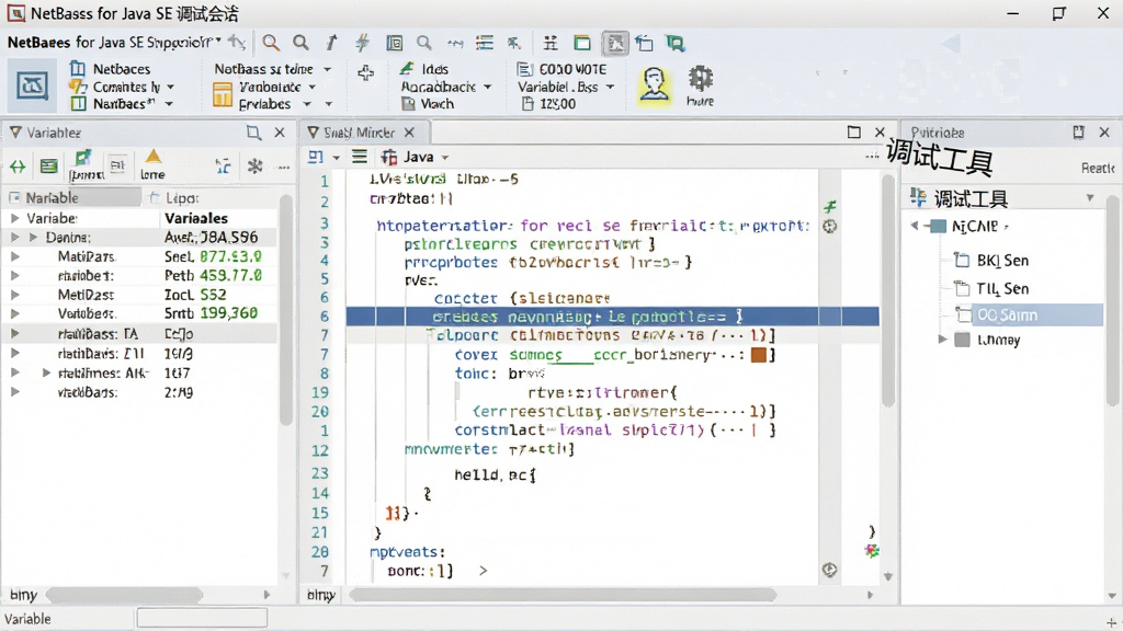 主体:NetBeans for Java SE 调试会话界面,布局:代码区上方显示调试工具栏,左侧变量监视窗口,中央代码高亮当前断点行,排版:平衡式布局,风格:浅色界面,细节:调试按钮图标、变量值实时更新、调用堆栈面板,画质:清晰、干净、无多余元素,图片中文字标注“调试工具”