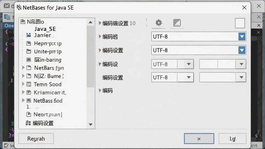 主体:NetBeans for Java SE 设置界面,布局:选项对话框,左侧分类列表,右侧编码设置,排版:简洁清爽,风格:系统默认灰色界面,细节:编码下拉框选“UTF-8”,画质:清晰、干净、无多余元素,图片中文字标注“编码设置”