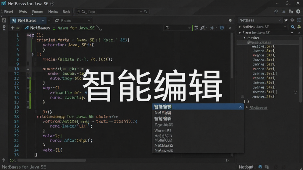 主体:NetBeans for Java SE 代码编辑器特写,布局:中央编辑区占据主视觉,右侧显示代码导航栏,排版:单栏聚焦,风格:深色主题编辑器,细节:代码行号、彩色语法高亮、自动补全下拉框显示建议列表,画质:细腻、干净、无多余元素,图片中文字标注“智能编辑”