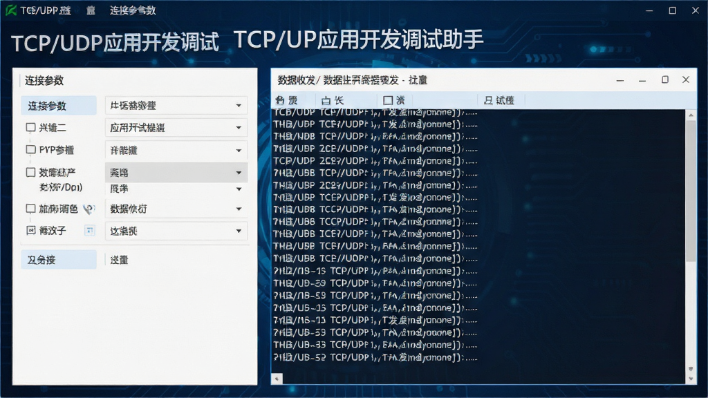一张展示TCP/UDP应用开发调试助手主界面的高清截图,界面布局清晰,左侧连接参数设置区域,右侧数据收发日志窗口,背景为深蓝色科技感风格,文字标注“TCP/UDP应用开发调试助手”,整体画面干净明亮,细节丰富,画质清晰,无多余元素。