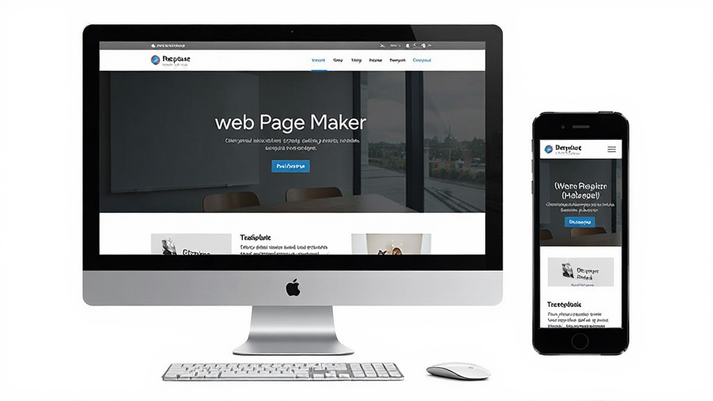 Web Page Maker 响应式布局展示图,画面中央展示一个网页在不同屏幕尺寸下的预览效果对比,包括宽屏显示和窄屏显示,整体风格干净,界面清晰,画质高清,无多余元素
