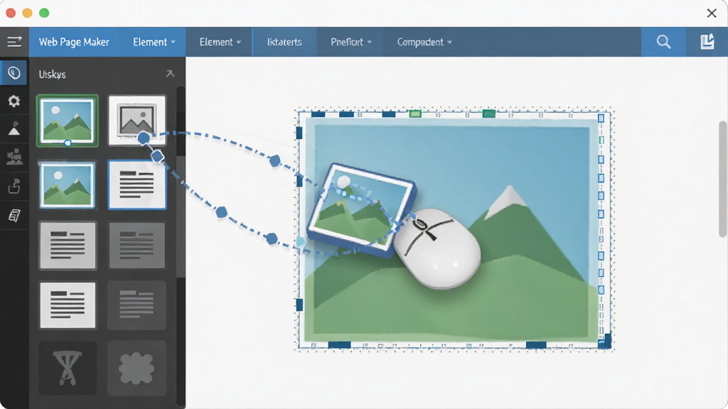 Web Page Maker 拖拽操作演示图,展示用户用鼠标将左侧元素库中的图片或文字块拖拽到中央画布上的动态场景,界面元素清晰,布局合理,画质干净,无多余元素