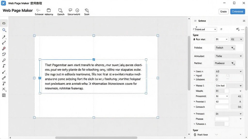 Web Page Maker 使用教程界面截图,展示软件编辑画布上正在调整一个文本块,右侧属性面板展开,整体界面清爽,操作提示清晰,画质干净,无多余元素