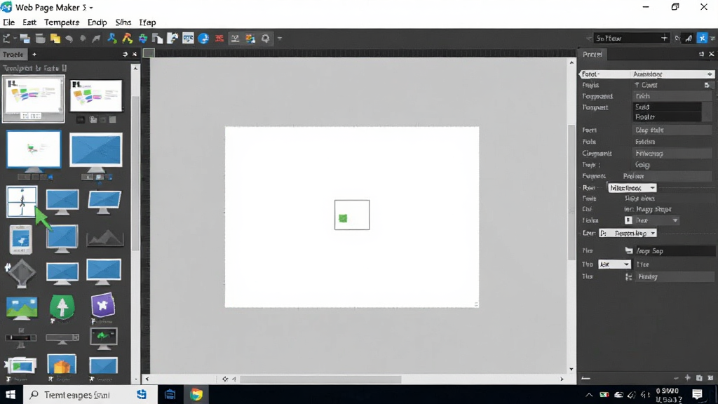 Web Page Maker 主界面预览图,展示软件在Windows桌面运行的完整布局,左侧为模板和元素面板,中央为可视化编辑画布,右侧为属性设置面板,顶部为菜单工具栏,整体风格简洁明快,界面干净整洁,无多余元素,画质高清