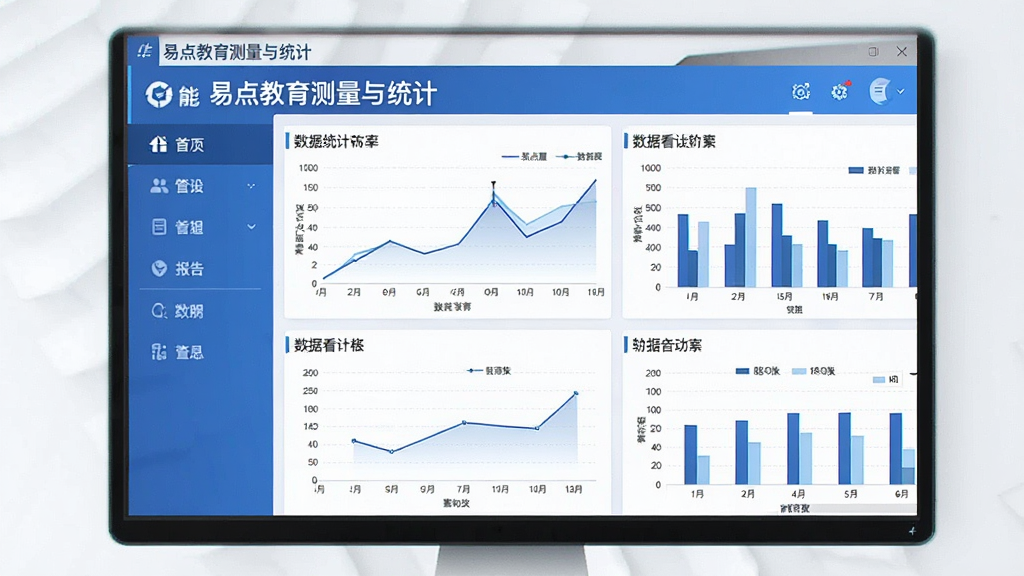 主体:易点教育测量与统计软件的主界面,展示数据统计图表与报告。布局:左侧功能导航栏,右侧为数据看板,包含折线图、柱状图。排版:清晰简洁,模块化分布。风格:现代商务,蓝白主色调。细节:屏幕中显示“易点教育测量与统计”字样及各类统计图表。画质:高清,干净,无多余元素。