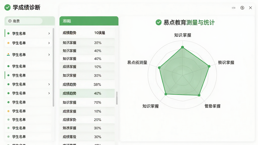 主体:学生成绩诊断界面,展示雷达图与成绩趋势。布局:左侧学生名单,右侧为知识掌握雷达图。排版:图表为主,辅以数据表格。风格:清新简约,绿色系。细节:雷达图标注“易点教育测量与统计”字样。画质:清晰,无多余元素。