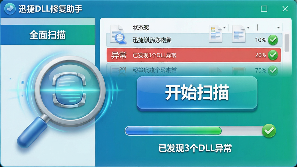主体:迅捷DLL修复助手扫描界面,放大镜图标与系统文件列表。布局:左右分栏,左侧选项“全面扫描”,右侧显示文件状态。排版:大按钮“开始扫描”,状态栏百分比进度条,文字标注“已发现3个DLL异常”。风格:蓝绿色渐变背景,图标立体。细节:扫描线动态效果,异常项红色高亮,修复项绿色对勾。画质:清晰细腻,无多余元素。