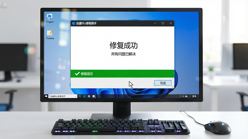 主体:迅捷DLL修复助手在Windows 10电脑上运行,界面显示“修复成功”,用户点击“完成”按钮。布局:电脑屏幕居中,键盘鼠标在前景,桌面干净。排版:软件窗口占主要画面,状态栏绿色对勾,文字“所有问题已解决”。风格:明亮办公环境,自然光。细节:屏幕反射微光,键盘灯光柔和,鼠标指针悬浮在按钮上。画质:高清写实,干净无杂物。