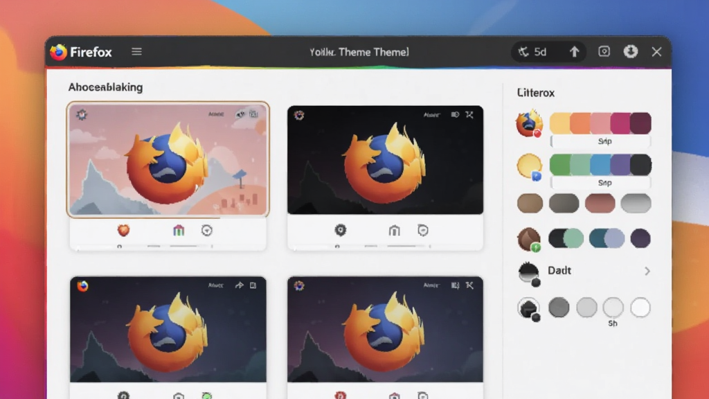 Firefox 多功能版个性化主题设置界面,展示不同皮肤预览和配色方案,背景为柔和渐变色彩,画质细腻,干净无多余元素