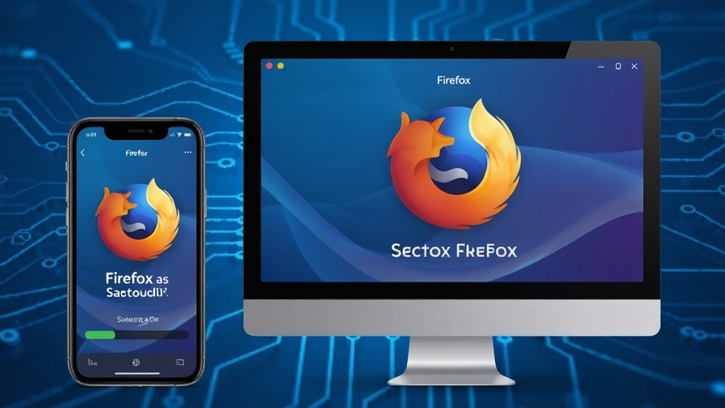 Firefox 多功能版多设备同步示意图,展示手机和电脑界面同步状态,背景为蓝色科技风格,画质清晰,干净无多余元素