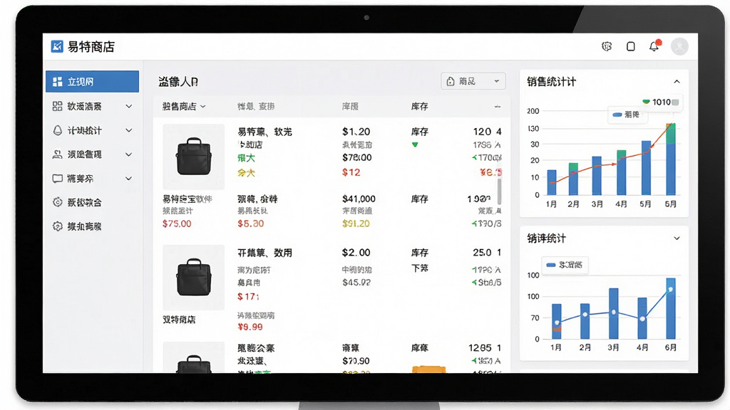 一张展示易特商店宝软件主界面的高清截图,主体为软件在电脑屏幕上的运行画面,界面包含左侧功能导航栏、中部商品列表和右侧销售统计图表,整体布局清晰,排版整齐,风格现代简洁,细节显示商品名称、价格、库存数量等数据,画质清晰,干净无多余元素