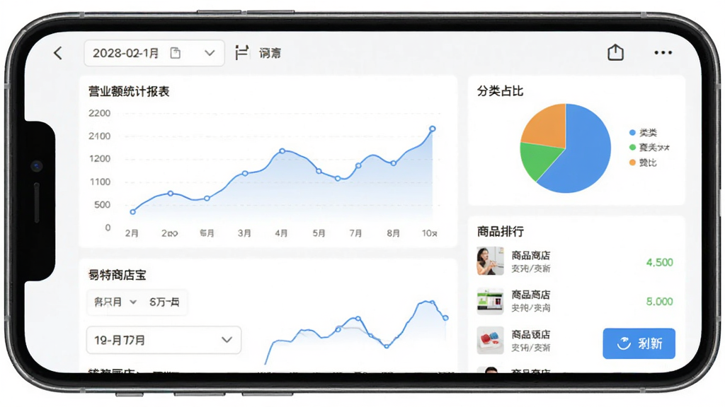易特商店宝在手机上的运行截图,主体为手机屏幕显示销售统计报表,布局包含营业额折线图、分类占比饼图和商品排行列表,排版清晰,风格简洁商务,细节显示日期筛选器和刷新按钮,画质高清,干净无多余元素