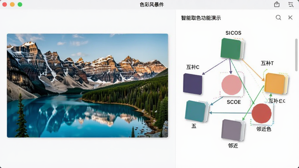 色彩风暴软件的智能取色功能演示,左侧是一张风景照片,右侧显示从照片中自动提取的五色色板,并带有互补色与邻近色的连线指示,界面干净整洁,画质清晰,无多余元素