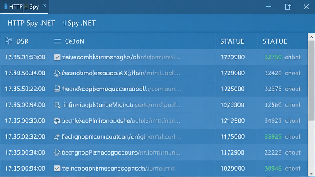 展示HTTP Spy .NET实时捕获网络请求的界面,多条请求记录正在刷新,时间戳、URL、状态码列清晰可见,现代扁平化UI风格,蓝色主色调,画面干净,无多余元素