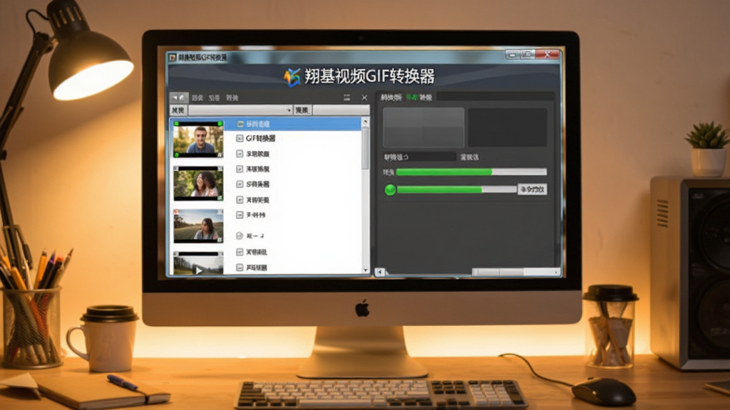 翔基视频GIF转换器操作教程示意图,画面展示电脑端软件运行界面,背景为工作台场景,屏幕上清晰显示软件窗口,包含视频列表和转换进度条,整体色调温暖明亮,软件名称“翔基视频GIF转换器”标识在窗口标题栏中,画质细腻,无多余元素。
