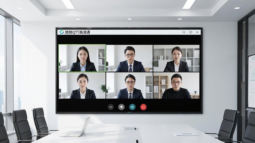 一张现代商务会议室场景的高清图片,画面中央大屏幕上显示“随锐QTT高清通”视频会议界面,界面中有多个视频窗口,参会者表情专注,室内光线明亮,整体风格专业、简洁,画质清晰,干净无多余元素