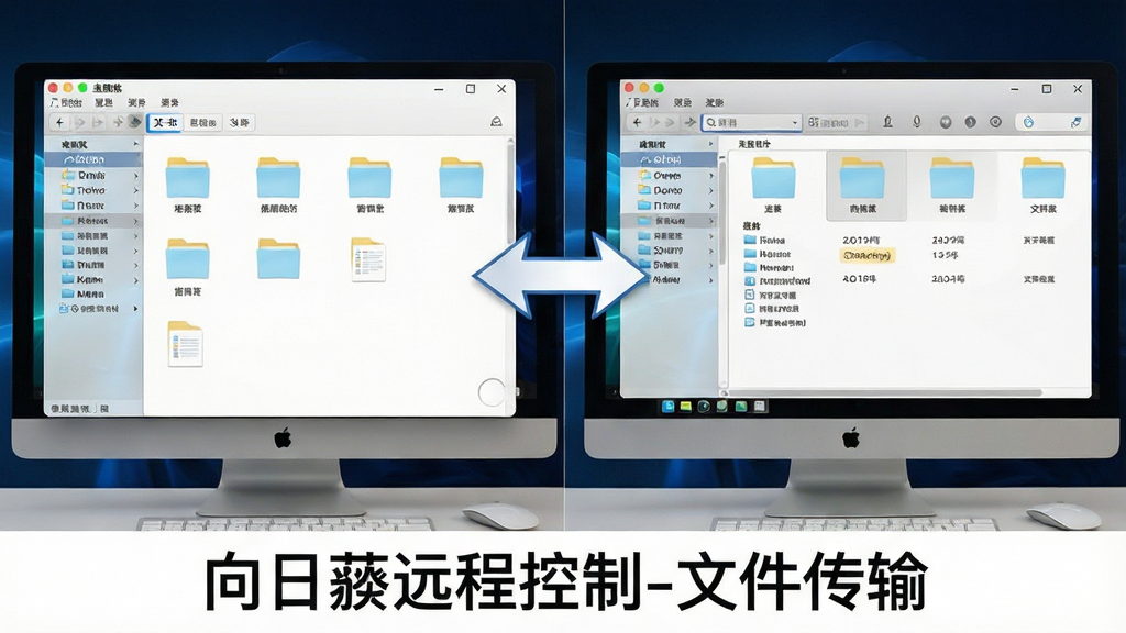 一张分屏对比图,左侧是本地电脑的文件管理器窗口,右侧是远程电脑的文件夹目录,中间有箭头指示双向传输,图片下方标注“向日葵远程控制-文件传输”,主体明确,布局对称,排版清晰,风格商务简洁,细节到位,画质高清新,干净无多余元素