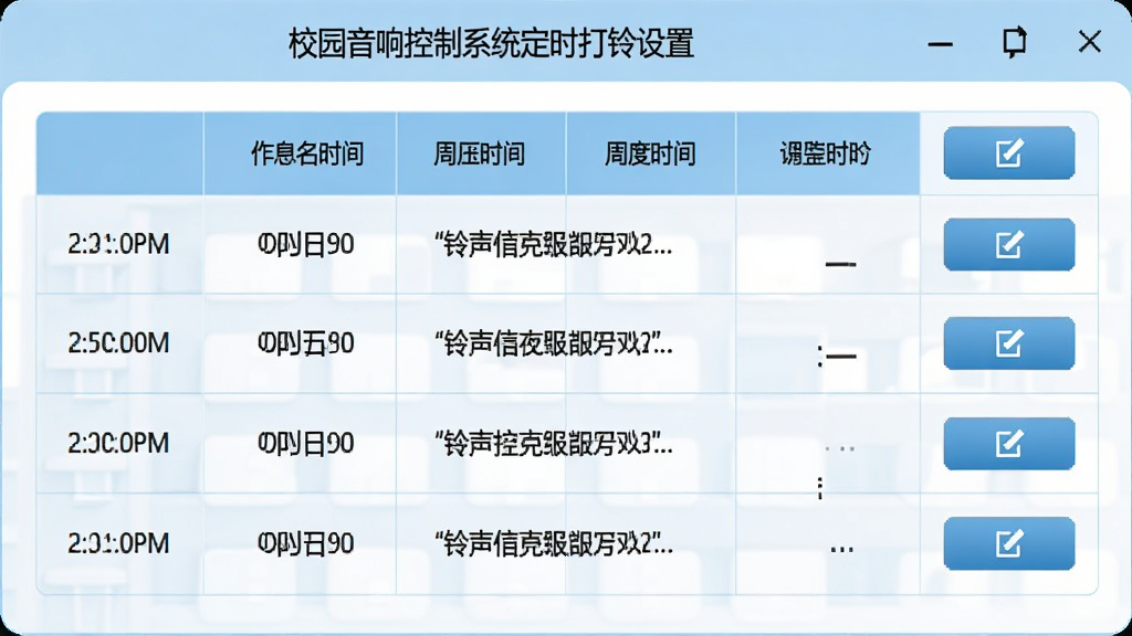 校园音响控制系统定时打铃设置界面截图,显示一周作息时间表格,每行对应不同时段铃声名称,右侧有编辑按钮,界面简洁清晰,颜色以浅蓝和白色为主,高画质,干净无多余元素