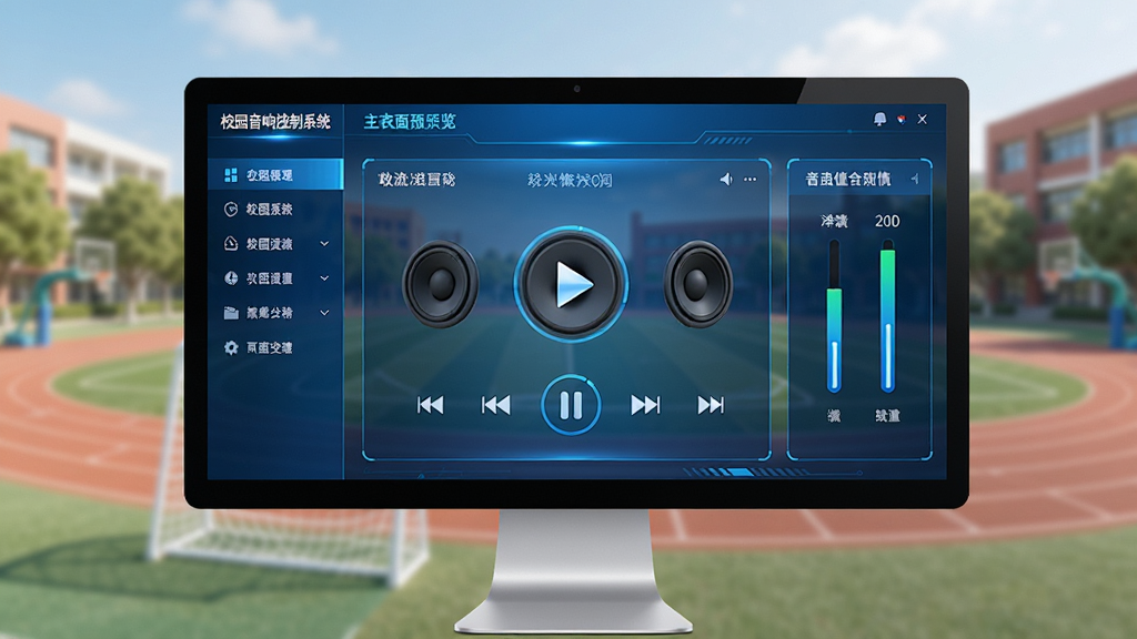 校园音响控制系统主界面预览图,显示软件在电脑屏幕上的完整界面布局,包含左侧功能菜单栏、中间播放控制区域、右侧音量调节面板,界面采用蓝色科技风格,背景为模糊的校园操场,画面清晰明亮,干净无多余元素,高画质