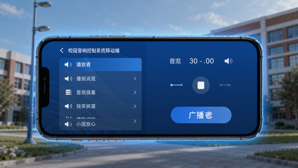 手机屏幕展示校园音响控制系统移动端界面,背景为校园教学楼,界面显示播放列表、音量控制、广播按钮,风格与PC端一致,蓝色调,手机周围有淡淡光晕,科技感十足,高画质,干净无多余元素