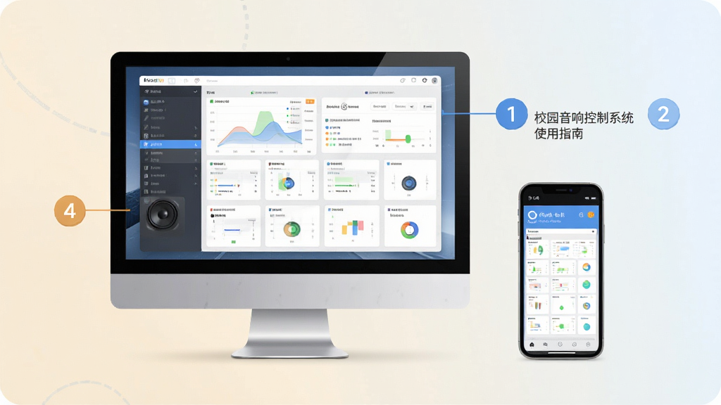 校园音响控制系统使用指南示意图,桌面电脑与手机并排,屏幕显示软件界面,旁边有步骤序号标注,整体风格简洁明了,浅色背景,高画质,干净无多余元素