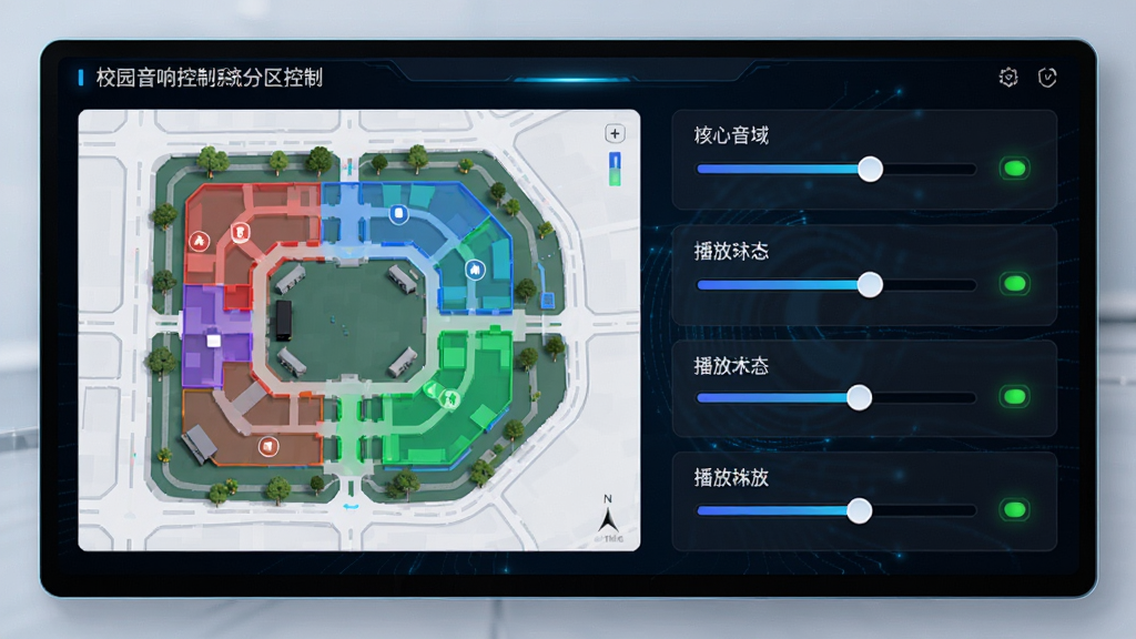 校园音响控制系统分区控制界面,屏幕左侧显示校园地图缩略图,不同颜色标记不同区域,右侧为各区域音量滑杆和播放状态指示灯,整体界面科技感强,现代简约风格,高画质,干净无多余元素