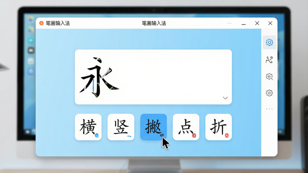 主体:一款名为“笔画输入法”的软件主界面悬浮在电脑屏幕上。布局:界面中心是一个简洁的输入框,下方排列着“横、竖、撇、点、折”五个基本笔画按钮,背景为干净的浅蓝色渐变。排版:软件窗口界面居中,四周留白,右侧有简洁的功能设置图标。风格:扁平化设计风格,科技感与现代感结合,色彩明快清晰。细节:输入框中显示一个由笔画拼凑出来的汉字“永”,笔画按钮上有对应的汉字偏旁部首图示,鼠标指针悬停在其中一个按钮上。画质:4k高清渲染,画质细腻,干净,无多余元素。