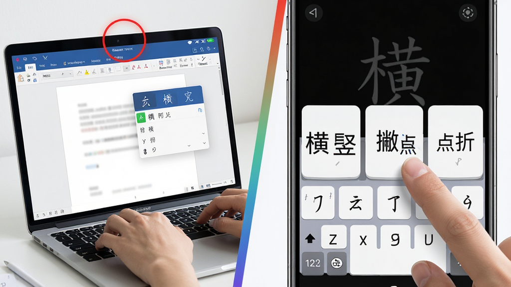 主体:一张分屏对比图,左侧是笔记本电脑上使用笔画输入法打字的情景,右侧是智能手机竖屏使用笔画输入法的界面特写。布局:左右对称,中间以一条渐变色线条隔开。排版:左侧屏幕中显示一个文档编辑页面,输入法候选框悬浮;右侧手机屏幕几乎被放大的虚拟笔画键盘占据。风格:现代科技感,画面明亮清晰。细节:左侧电脑屏幕上用红圈标注出状态栏位置,右侧手机屏幕上显示“横竖撇点折”五个大键位,手指正在点击“横”键。画质:超清渲染,细节生动,干净,无多余元素。