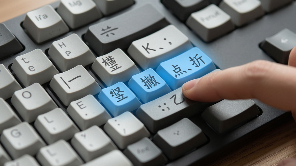 主体:一张电脑键盘的特写,其中五个特定的按键(H、J、K、L、;)被高亮显示为蓝色,分别标注着“横、竖、撇、点、折”。布局:键盘斜放在木质桌面上,焦点集中在高亮区域。排版:键盘占画面主体,高亮按键位于画面中心位置。风格:写实摄影风格,光线柔和,景深效果突出。细节:键帽上除了英文字母,还印有对应的笔画图形(如“一”、“丨”、“丿”、“丶”、“乙”),旁边有一只手正准备按下“横”键。画质:高清细节丰富,干净,无多余元素。