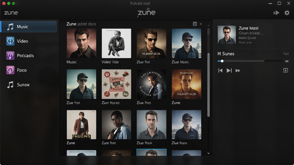 Zune 软件主界面截图,深色背景,左侧导航栏显示音乐、视频、播客等分类,中间区域展示专辑封面网格,右侧为正在播放的歌曲信息,整体界面简洁现代,高清画质,细节丰富