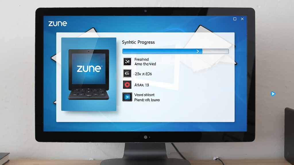 Zune 设备同步界面,显示电脑与设备之间的同步进度条,列出正在同步的媒体文件类型,界面简洁,蓝色主题,高清画质