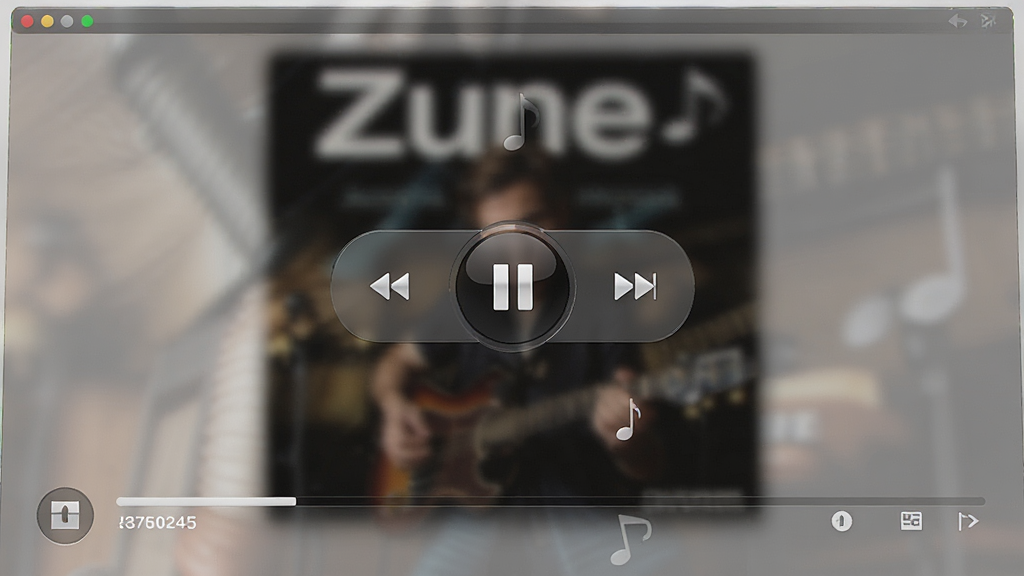 Zune 播放器正在播放音乐的界面,背景为专辑封面模糊效果,中央显示播放控制按钮,界面优雅,高清画质