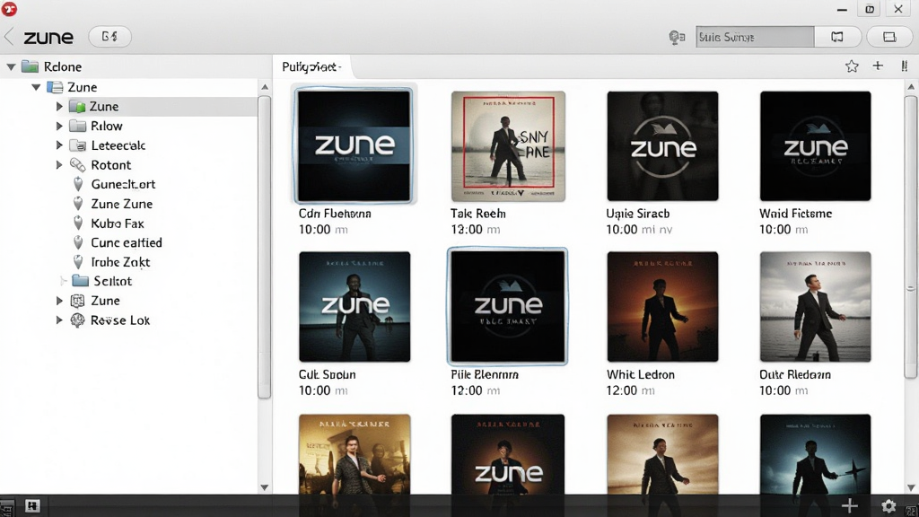 Zune 媒体库管理界面,左侧分类树形结构,右侧以列表或网格形式展示歌曲信息,包含专辑封面、曲目名称、时长等,界面清晰,高分辨率,干净整洁