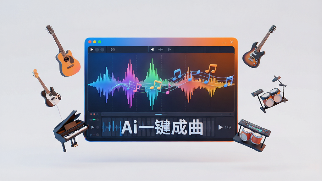 一张现代感十足的3D渲染风格图片,主体是Ai一键成曲APP的虚拟界面悬浮于浅灰色背景中央,界面屏幕上显示着彩色波形与音符流动的炫酷特效,周围漂浮着吉它、钢琴、电子鼓等微小乐器模型,布局采用居中对称构图,排版干净利落,风格融合科技蓝与活力橙渐变色调,细节处展现数字音频工作站的专业质感,画质高清,整体画面干净无多余元素,图片中显示文字“Ai一键成曲”。