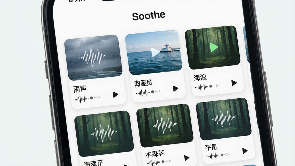 一张Soothe应用音景选择界面的概念图,主体为手机界面,展示多个自然音源卡片(雨声、海浪、森林),布局为网格排列,排版清晰,风格清新自然,细节包括卡片上的波形图标与播放状态,画质干净明亮,无多余元素,界面顶部显示