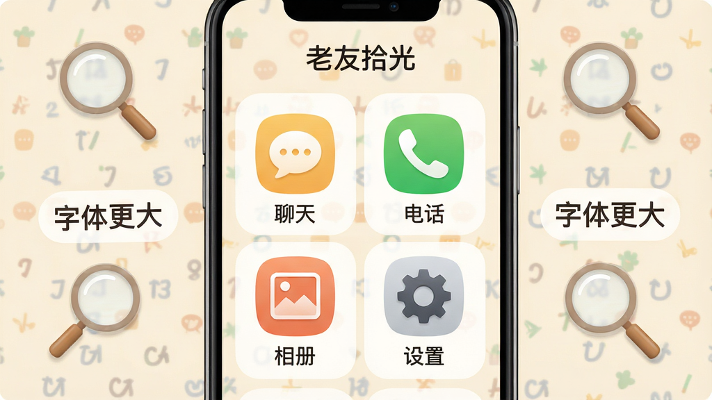 主体:老友拾光APP的“长辈模式”界面截图,展示大字体、大图标排列;布局:手机屏幕居中,背景为浅米色,周围有放大镜图标和“字体更大”示意;排版:图标分为“聊天”“电话”“相册”“设置”四宫格,文字清晰;风格:简洁、友好、明亮;细节:每个图标下方有中文标签,顶部有“老友拾光”字样;画质:高清,干净,无多余元素。