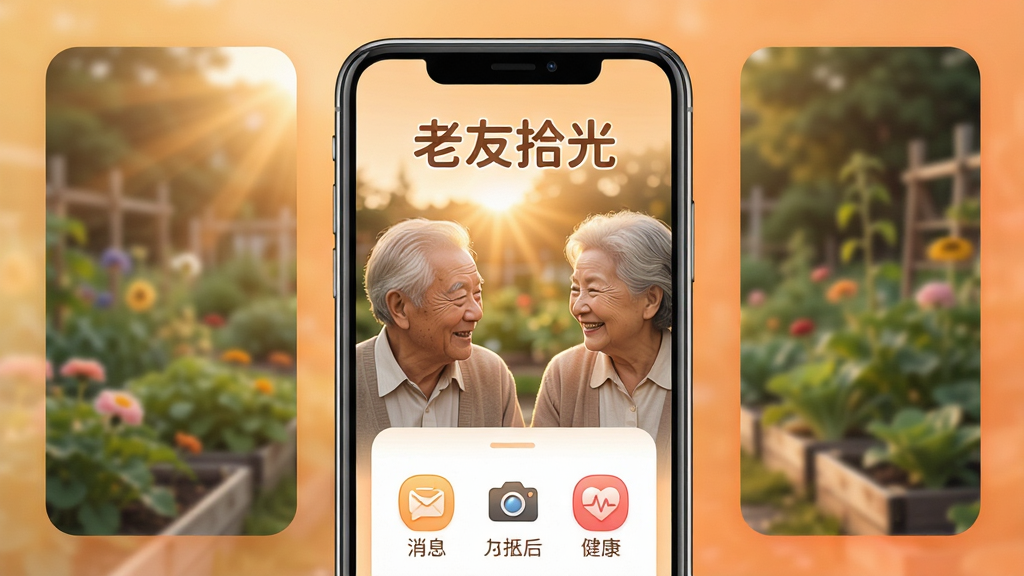 主体:老友拾光APP的欢迎界面,展示温暖的阳光洒在两位老人微笑聊天的场景,手机屏幕上有“老友拾光”字样和几个功能图标;布局:手机居中,背景为柔和的渐变橙色,四周有模糊的社区花园元素;排版:屏幕内图标排列整齐,文字清晰;风格:温暖、亲切、写实;细节:图标包含消息、电话、相机、健康等,文字“老友拾光”采用圆润字体;画质:高清,干净,无多余元素。