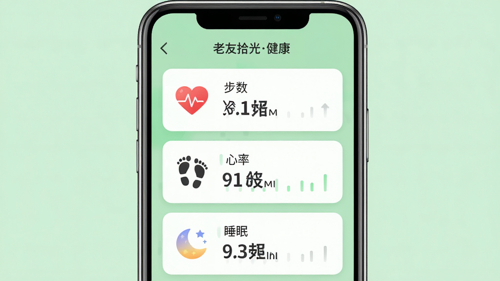 主体:老友拾光APP的健康数据页面,展示步数、心率、睡眠的图表卡片;布局:手机屏幕居中,卡片纵向排列,背景为浅绿色;排版:每张卡片有图标和数字,顶部有“老友拾光健康”字样;风格:清新、简洁、医疗感;细节:心率图标为红色心形,步数图标为脚印,睡眠图标为月亮;画质:高清,干净,无多余元素。