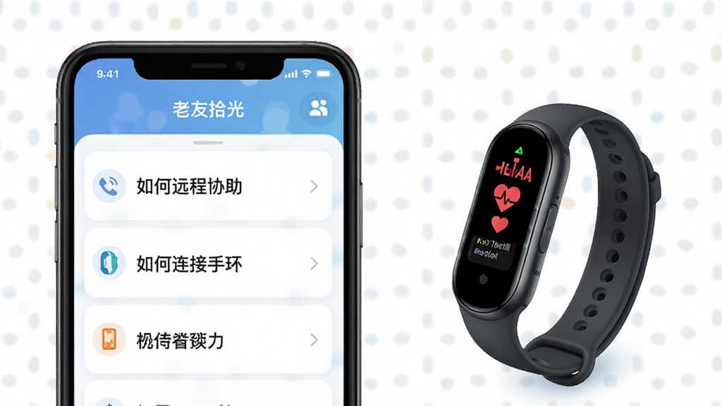 主体:老友拾光APP的使用教程页面,展示手机和手环连接图示;布局:手机屏幕展示教程列表,旁边有一个智能手环;排版:列表有“如何远程协助”“如何连接手环”等条目;风格:简约、教学风;细节:手环上显示心率,屏幕上有“老友拾光”字样;画质:高清,干净,无多余元素。